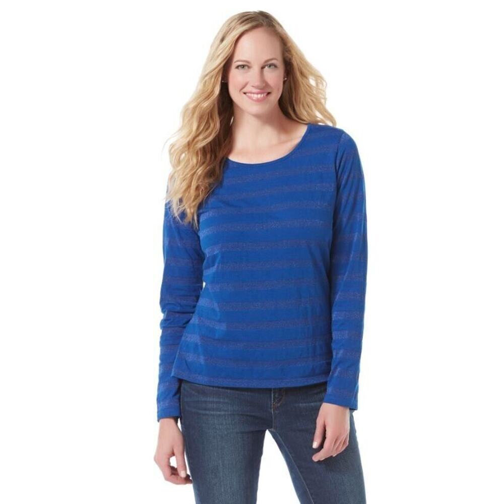 Basic Editions Women's Round Neck Metallic Stripe‎ Long Sleeve Top In Blue 2XL